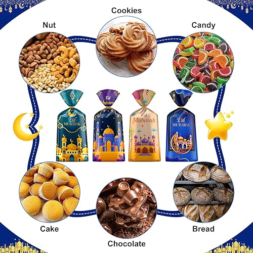 100 PCS Eid Mubarak Cellophane Bags - 4 Styles Ramadan Treat Favor Bags