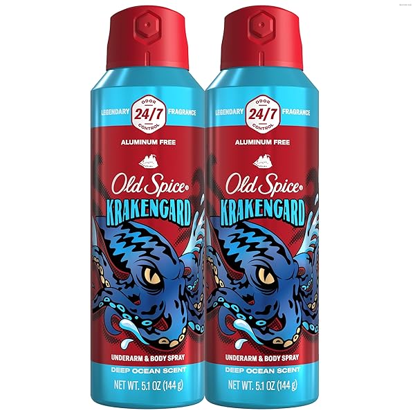 OLD SPICE ALUMINUM FREE BODY SPRAY FOR MEN, 24/7 ODOR PROTECTION, 24/7 LASTING FRAGNANCE & FRESHNESS, COLOGNE QUALITY SCENT, KRAKENGARD WITH DEEP OCEAN SCENT, 5.1 OZ (PACK OF 2)