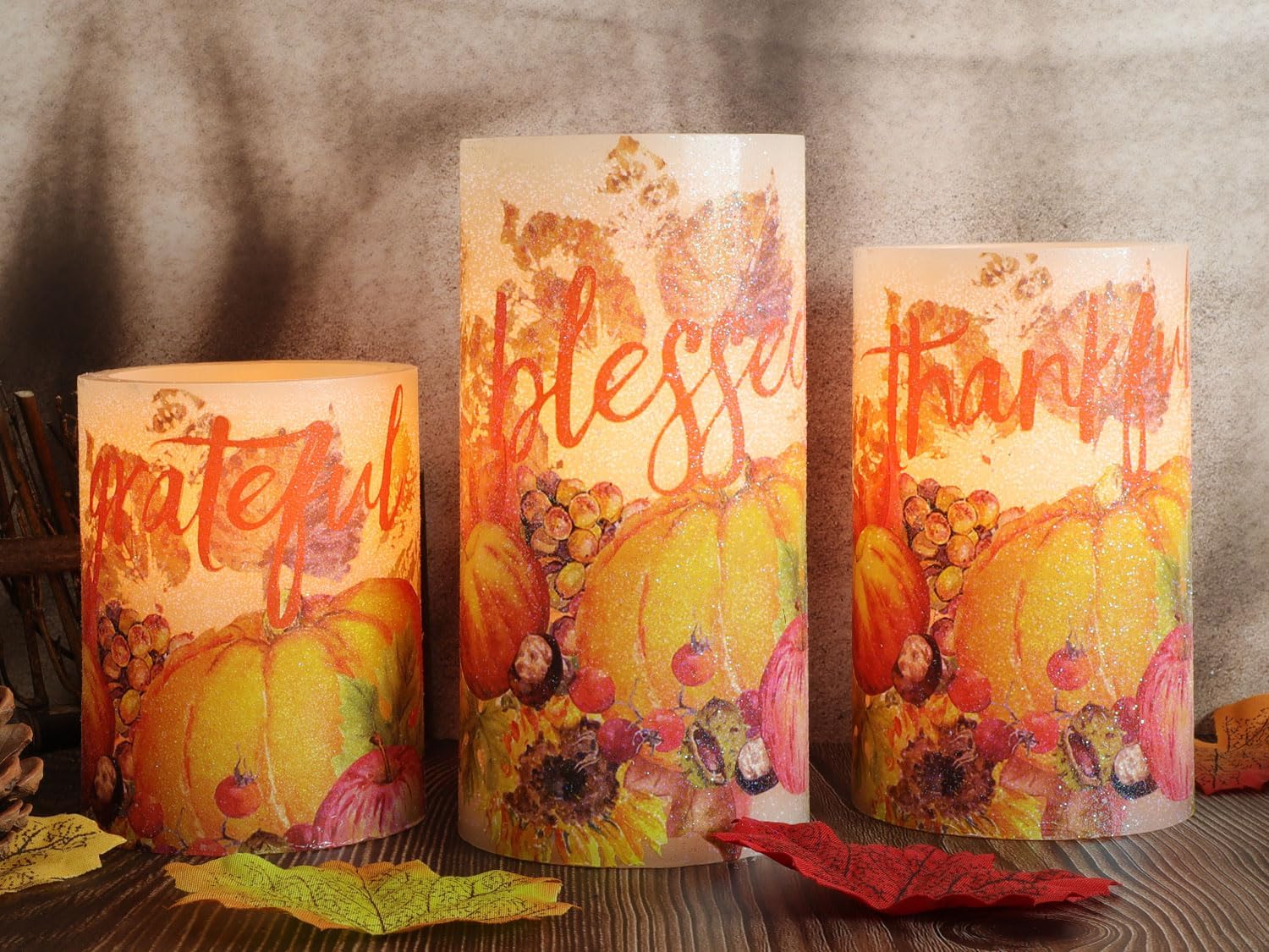 Lighting - Silverstro Thanksgiving Pumpkin Flameless Candles: Thanksgiving Theme Real Wax Fake Candles with Remote - Home Party Christmas Botanical Fall Thanksgiving Decor - Set of 3