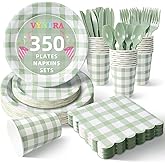Vyntra 350 Pcs Sage Green & White Checkered Gingham Paper Plates and Napkins Set for 50, 9" Dinner Plates & 7" Dessert Plate, Bridal Shower Garden Party Birthday Party