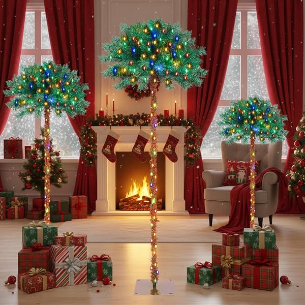 NUANCHU 3 PACK 4/5/6FT LIGHTED PALM TREE CHRISTMAS PRE-LIT ARTIFICIAL PALM TREE 8 MODE WITH TIMER MULTI-COLOR LED LIGHTS METAL BASE, TROPICAL XMAS DECOR FOR PATIO YARD POOL, INDOOR OUTDOOR USE
