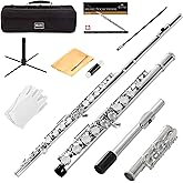 Mendini by Cecilio 16 Keys Closed Hole C Flute Kit for Beginners - Silver | Beginner Flute Kit with Carrying Case, Stand, Tuning Rod, Adjustment Screws, Cork Grease, Lesson Book, Cleaning Kit, Gloves