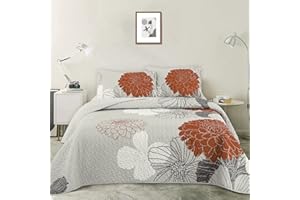 COTTOLESTER Burnt Orange Floral Quilt Set California King Grey Boho Bedspread Summer Quilt 3 Pieces Coverlet Soft Lightweight Bed Cover with 2 PillowShams(106"x96")