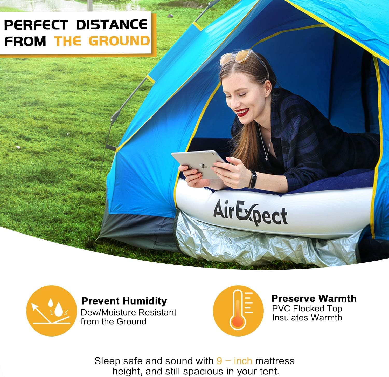 AirExpect Air Mattress Camping AirBed Queen & Twin Size Leak Proof Inflatable Mattress with Rechargeable Electric Pump Built-in Pillow for Guest, Camping, Hiking, Height 9", Storage Bag : Sports & Outdoors
