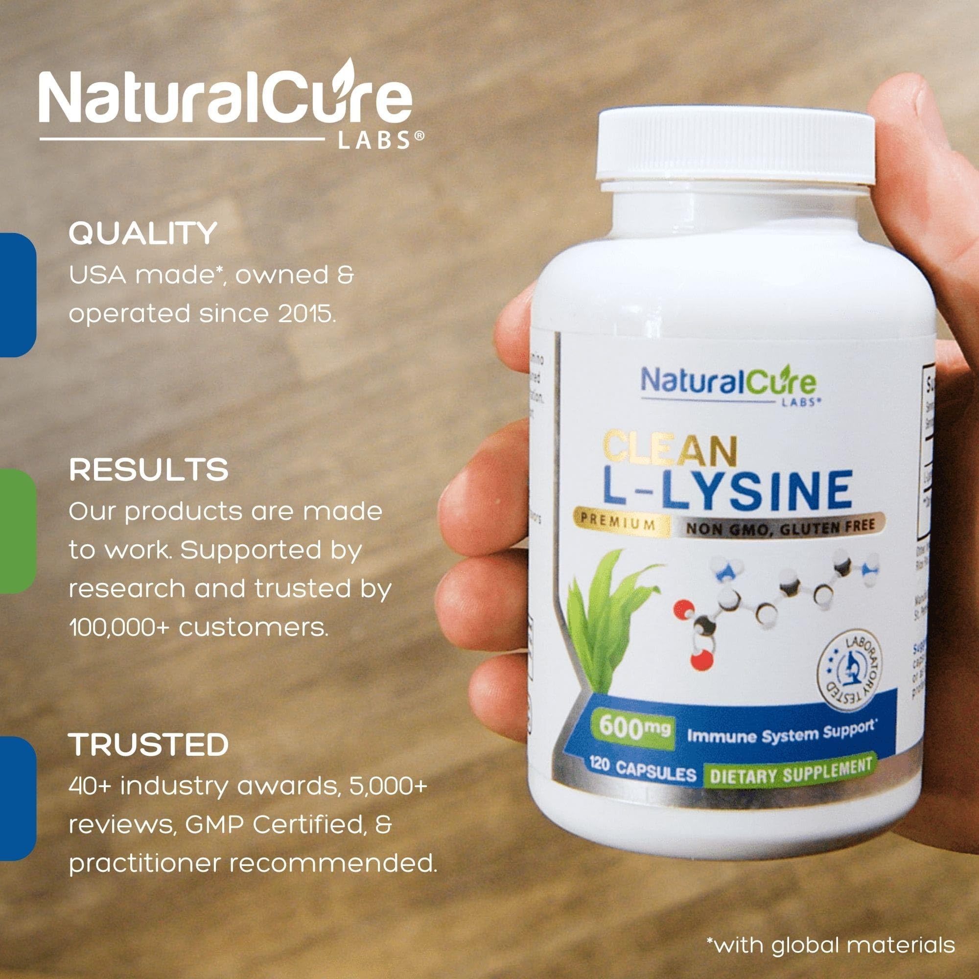 Natural Cure Labs Clean L-Lysine 600mg, 120 Capsules | Vegan, Non-GMO, & Gluten Free