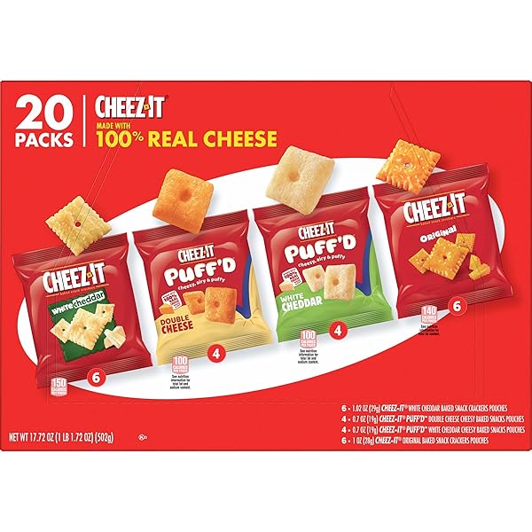 CHEEZ-IT CHEESE CRACKERS, BAKED SNACK CRACKERS, OFFICE AND KIDS SNACKS, VARIETY PACK, 17.72OZ BOX (20 POUCHES)