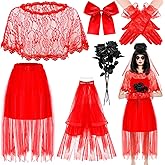 Jecery Dead Costume Set for Bride Women Halloween Ghost Gothic Bride Corpse Outfit Cosplay Red Wedding Dress with Lace Blouse Gloves Veil Bow Hair Pin and Black Artificial Rose for Halloween Decor