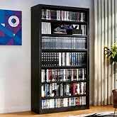 YILFANA 7 Tier DVD Storage Cabinet Shelf, Metal Media Storage Shelf, Black | 6 Adjustable Shelves, CD DVD Display Cabinet for Living Room, Home Office