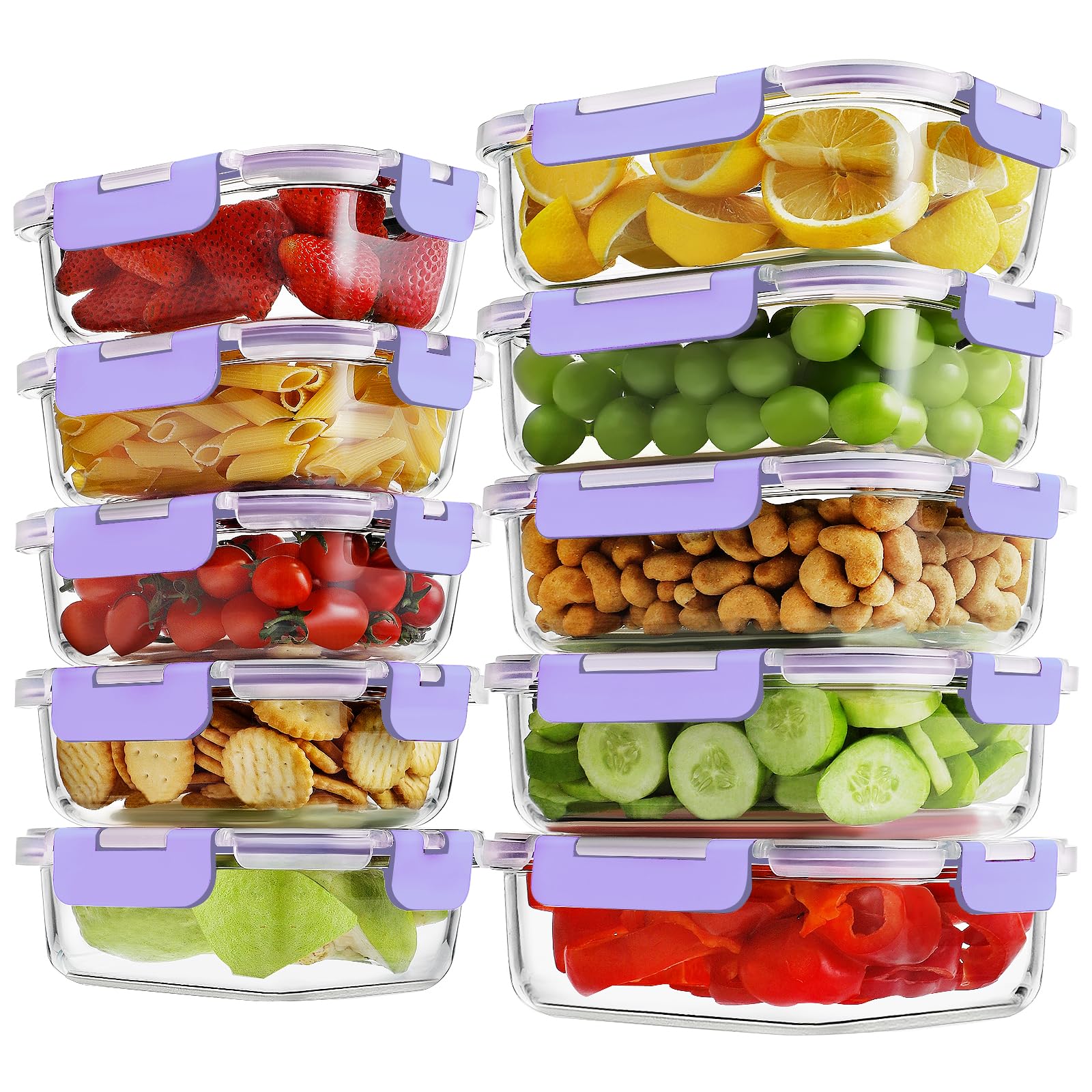 Photo 1 of 10 Pack Borosilicate Glass Meal Prep Containers with Locking Lids, Glass Food Storage Containers Set, Airtight Lunch Bento Boxes, BPA-Free & Leak Proof, 36oz & 14oz, Freezer, Oven Safe-Purple