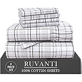 RUVANTI 6 Pcs Cotton Sheets - 100% Natural Cotton Soft, Lightweight & Breathable Crispy Percale, Full Size Bed Sheets, 16" Deep Pockets, Open Check