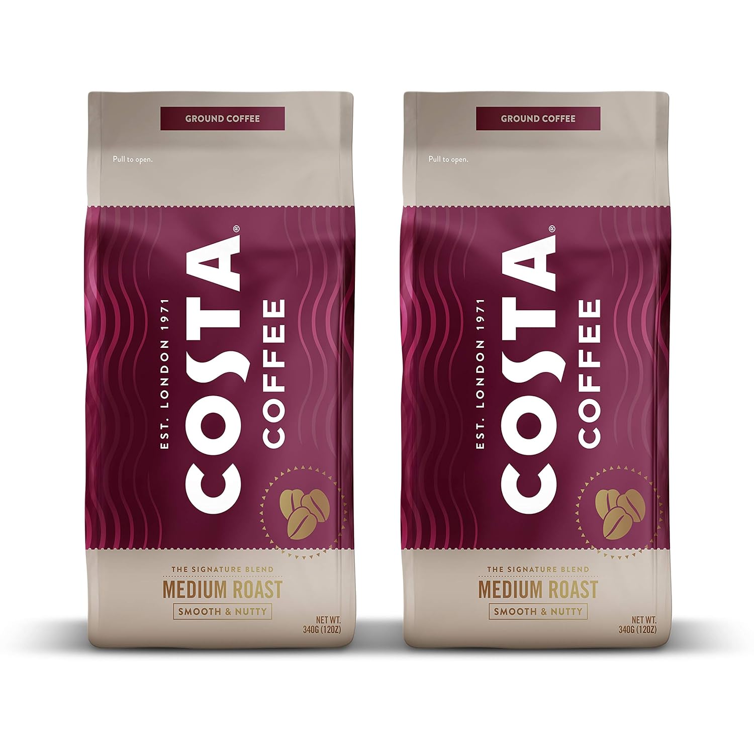 Costa Coffee Ground Coffee, Medium Roast, 2 bags (12oz each), Rainforest Alliance