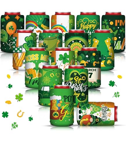 Umigy 32 Pcs St. Patrick's Day Beer Can Coolers - Shamrock Print Insulated Sleeves