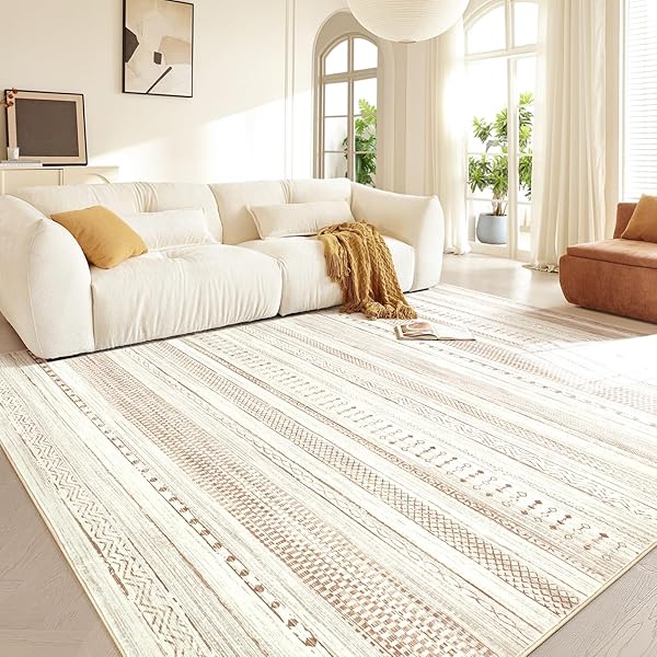 BORAYA AREA RUGS FOR LIVING ROOM: 6X9 WASHABLE BOHO RUG FOR BEDROOM LARGE NEUTRAL BOHEMIAN MOROCCAN FARMHOUSE GEOMETRIC DINING ROOM RUGS ULTRA SOFT FLOOR CARPET INDOOR FOR HOME OFFICE – BROWN