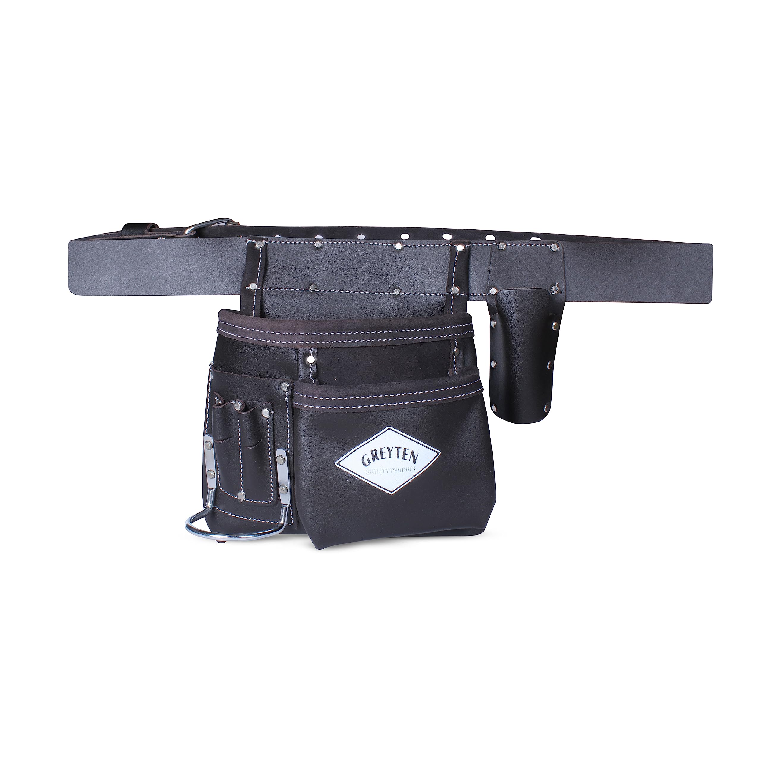 GREYTEN Leather Tool Pouch, 6-Pockets Dark Brown Tool Pouch Bag, 100% Leather Tool Pouch Including 2" Belt with Metal Hammer Holder, Plier/Pencil/Screwdriver/Tape Holder & Multi Tools Pockets