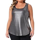 Agnes Orinda Plus Size Women's Metallic Tank Top Sleeveless Square Neck Holographic Shiny Party Disco Sparkly Tops