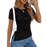 ZESICA Women's Summer Floral Short Sleeve Tops 2026 Mesh Crewneck Asymmetrical Ruched Fitted Going Out Shirts Y2K Clothes