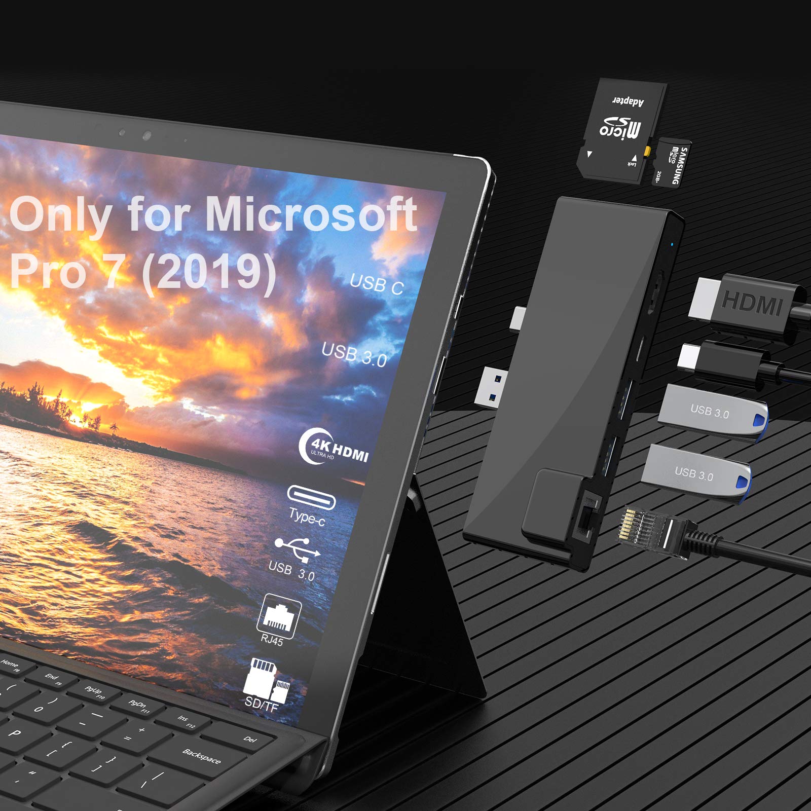 Surface Pro 7 Docking Station Hub,7 In 1 Microsoft Surface Pro 2019 Adapter with 4K HDMI, USB C 60W PD Charging,2 USB 3.0 Ports,SD/TF Card Reader,1000M Gigabit Ethernet LAN Only for Surface Pro 7