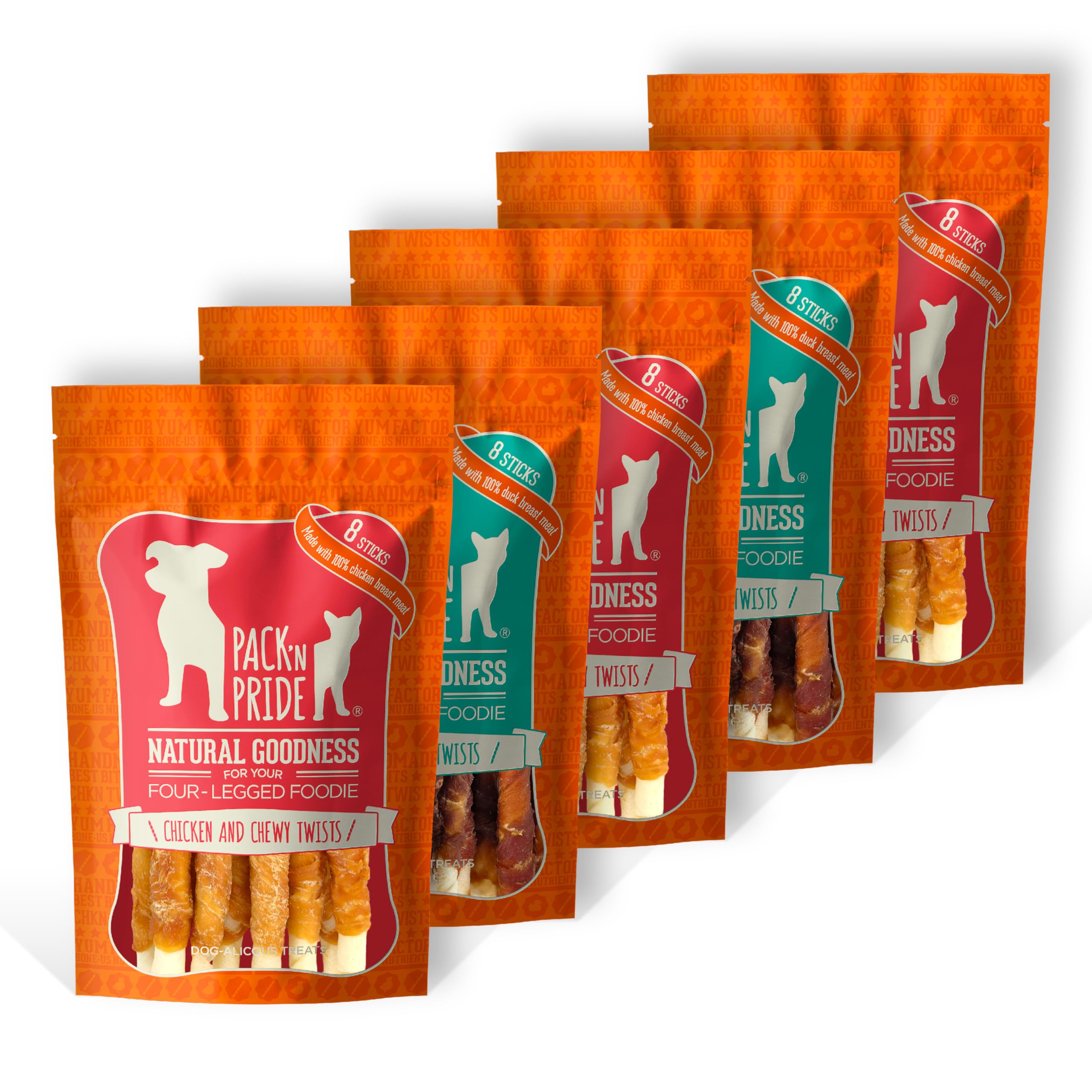PACK'N PRIDE Dog Treats, 5 Pack*90g=450g, Chicken and Duck Chewy Twists, Rawhide Dog Chews with Pure Natural Meat, Low-Fat, and High in Protein for Small&Medium Dogs