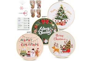 Santune 4 pcs Christmas Embroidery kit with Patterns Instructions Needlepoint Cross Stitch Kits for Beginners Adult,4 Embroidery,2 Hoops,Colored Threads Scissors and Needles,Merry Christmas
