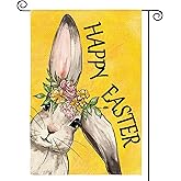 AVOIN colorlife Happy Easter Bunny Garden Flag 12x18 Inch Double Sided Outside, Rabbit Flower Yard Outdoor Decoration Yellow