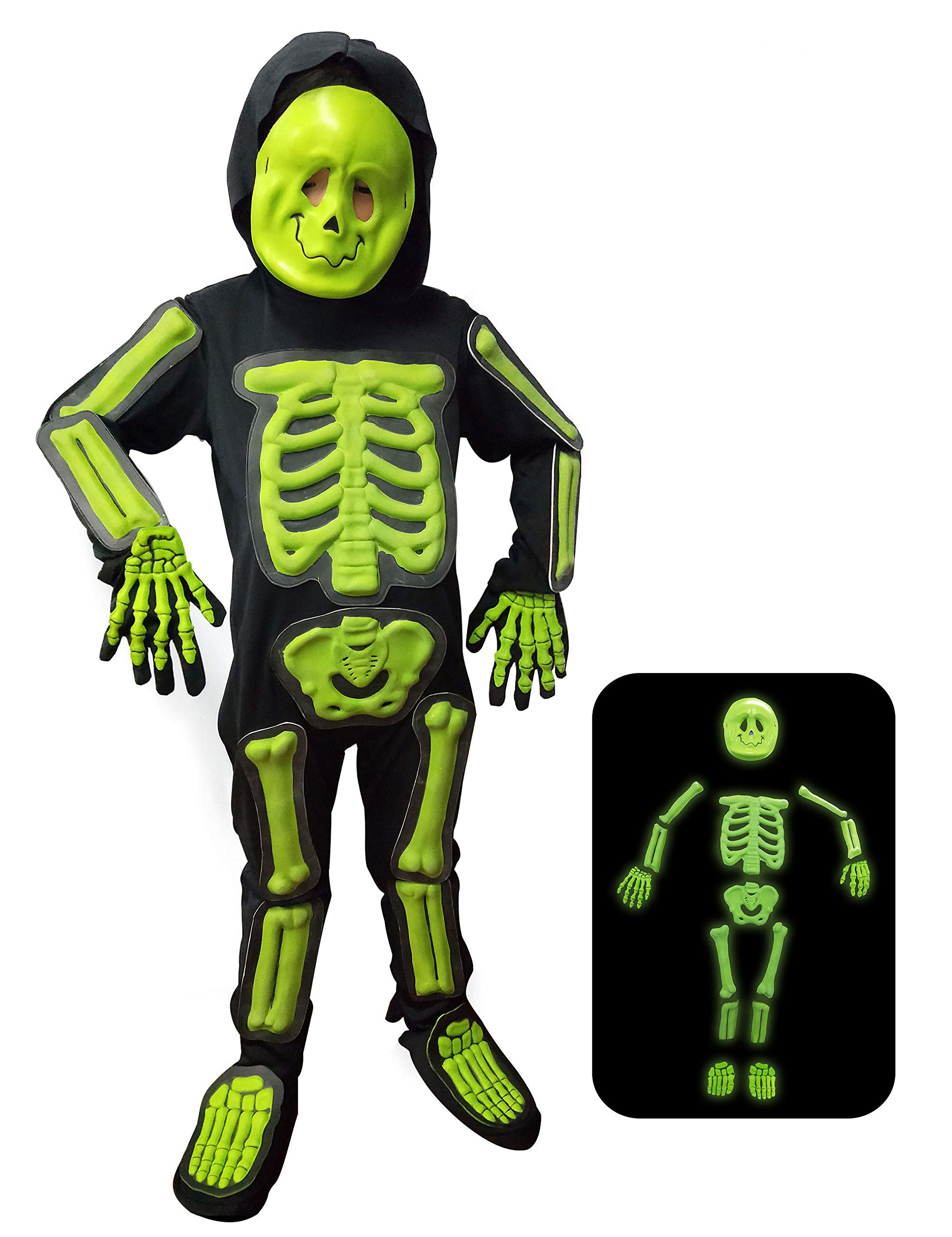 IKALI Children's Halloween Skeleton Costume, 3D Glow in the Dark Bone Jumpsuit, 6-Piece for Age 7-8 Years