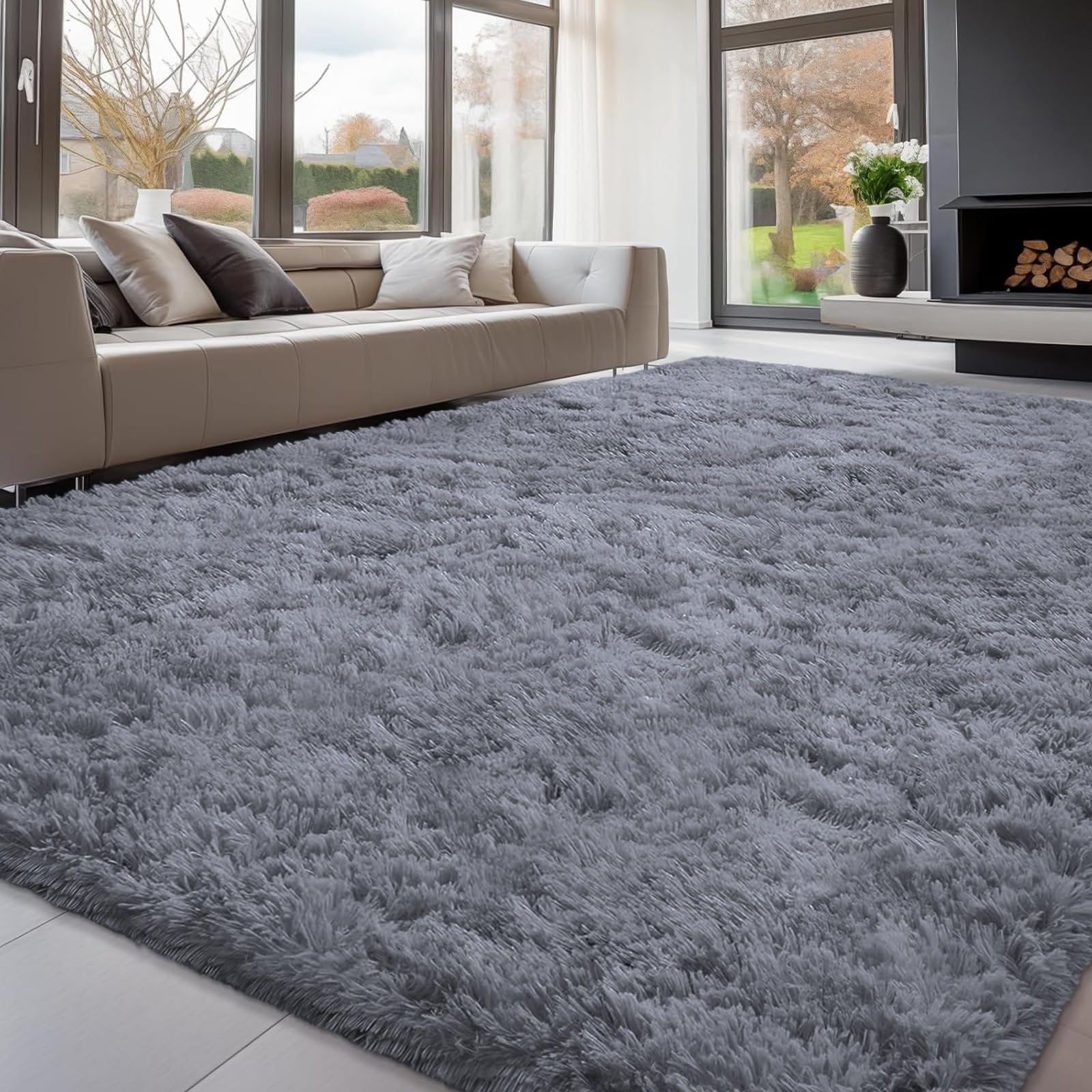 FVVRAX 180x270cm Grey Shaggy Rug – Soft Fluffy Area Rug for Living Room & Bedroom, Non-Slip Plush Carpet for Kids, Nursery, Dorm, Machine Washable Large Floor Mat