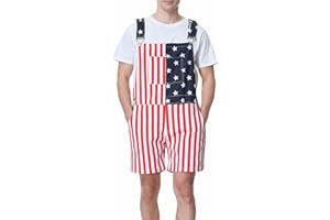 BINDEFON Men's American Flag Overalls Shorts Stretch 4th of July Coveralls Bibs with Zipper USA Overalls Adjustable Strap