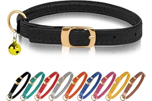 MUROMTO Murom Rolled Leather Cat Collar with Elastic Strap Safety Adjustable Pet Collars for Cats Kitten Yellow Red Pink Blue Orange Brown Gray (Black)