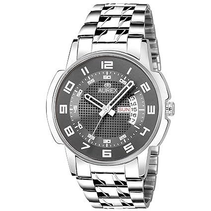 Aurex Analogue Grey Dial Day and Date Watch Water Resistant Silver Color Strap Watches for Men/Boys (AX-GR158-GRC)