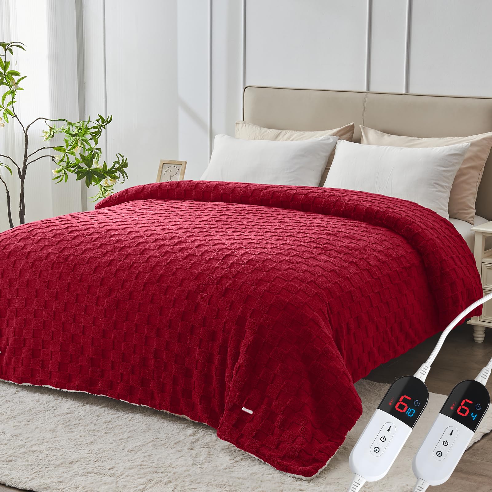 Photo 1 of Easthome Electric Heated Blanket Queen Size Dual Control - Jacquard Checkered Sherpa 84"x90" Fast Heating Bed Blankets with 6 Heating Levels & 10 Hours Auto Off, Over-Heat Protection ETL, Red