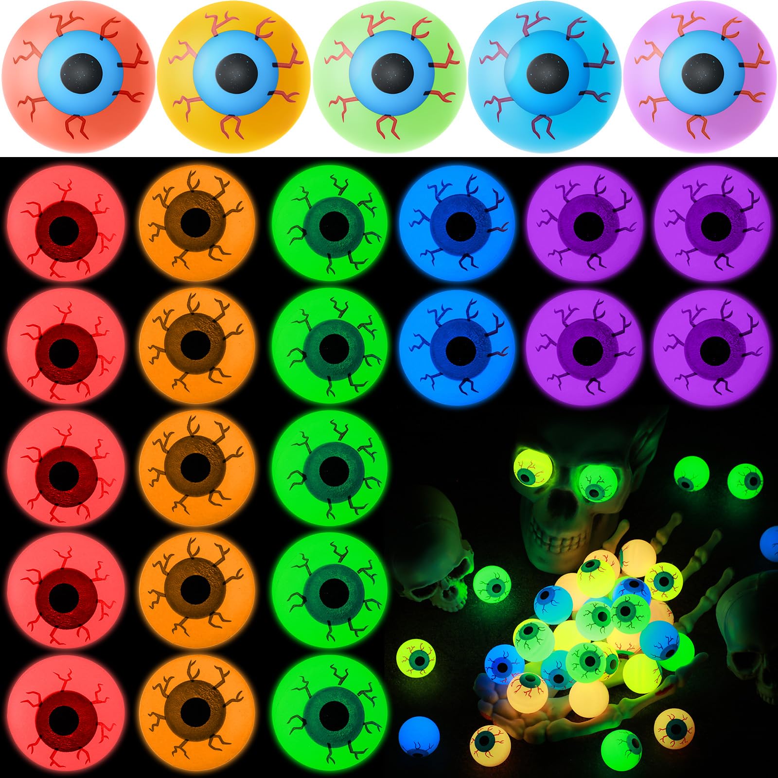 Photo 1 of Simgoing 100 Pcs Glow in Dark Halloween Eyeballs Figures Plastic Fake Scary Eyeballs Figurines to Hide and Seek Luminous Statue for Halloween Goodie Bag Fillers Horror Prop Trick or Treat Party Decor
