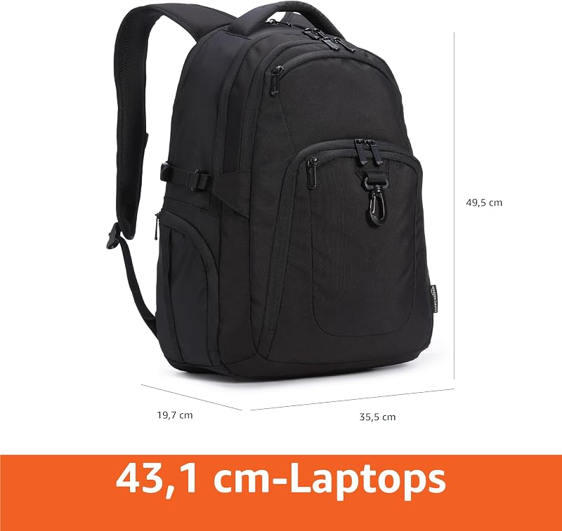 Laptop Rucksack für 43,2cm (17 Zoll) Laptop, Wasserabweisend, mit Gepäckgurt und Brustgurt, für Reisen, Schule oder Büro, Schwarz
