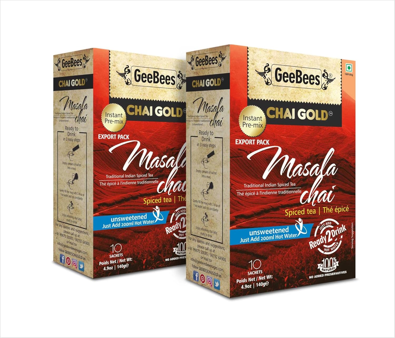Geebees Chai Gold Instant Chai Masala Tea Unsweetend, 10 Count (2 Pack