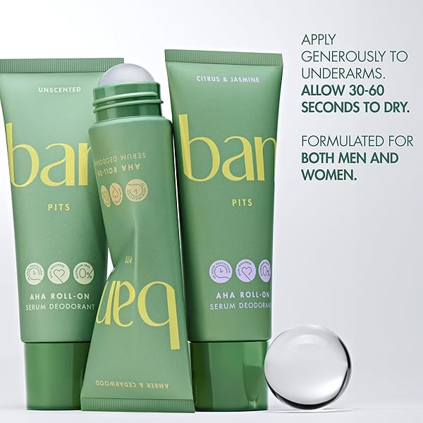 BAN INVISIBLE ROLL-ON ALUMINUM-FREE AHA DEODORANT FOR WOMEN AND MEN, EXFOLIATES AND HYDRATES SKIN WITH AHA SERUM, 48-HOUR ODOR PROTECTION, AMBER & CEDARWOOD, 2.3 OZ