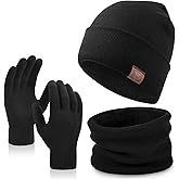 OZERO Winter Gloves Hat Scarf: Warm Knit Touchscreen Gloves and Polar Fleece Lined Beanie and Soft Neck Scarf