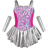AFAVOM Girls Sequin Dance Costume Sparkle Hip Hop Jazz Dance Dress with Gloves Outfit Shiny Metallic Performance Dancewear