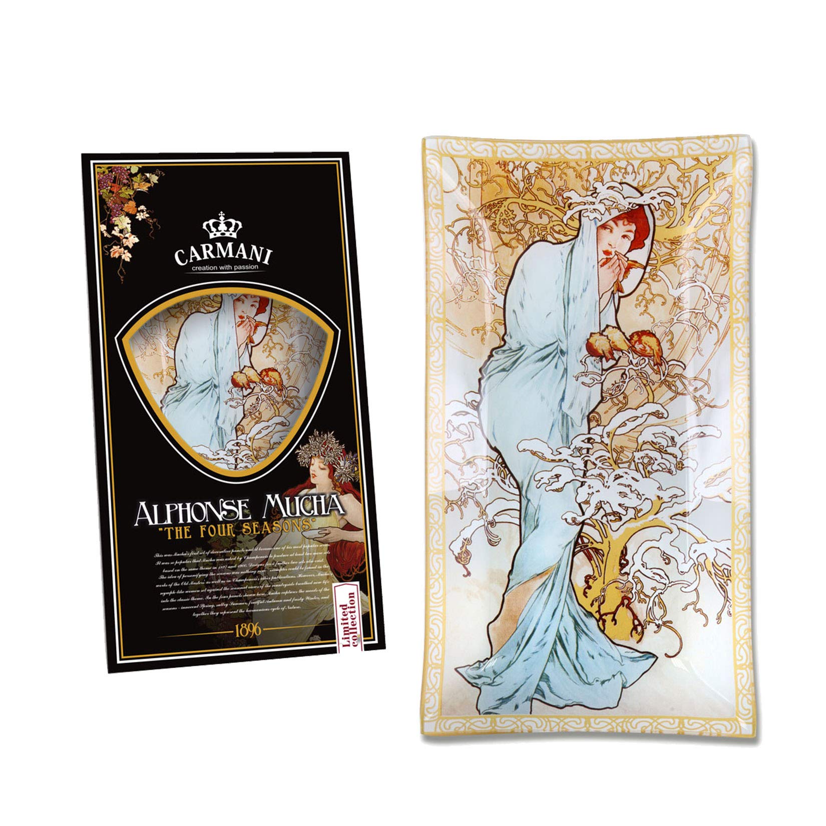 CARMANI - A. Mucha Four Season Winter - Decorative Rectangle Lacquered Glass Plate 16x30cm