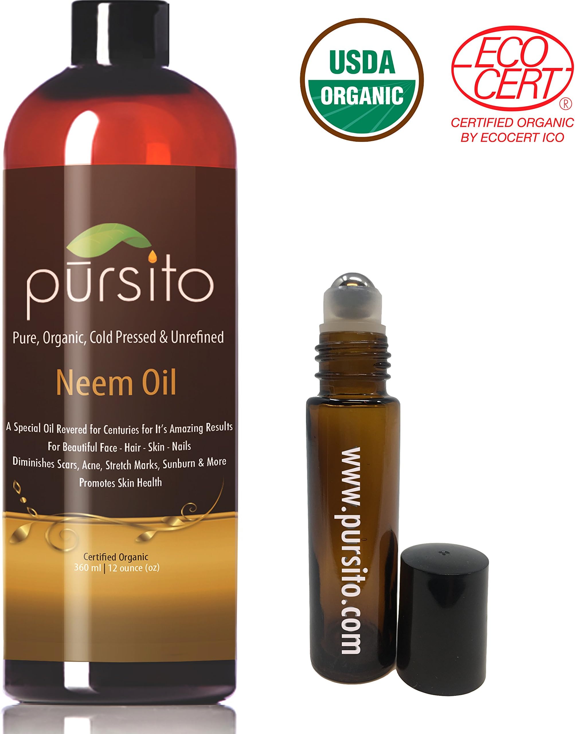 Organic Neem Oil and Treatment Roller, Pure Cold Pressed & Unrefined For Skin, Nails, Face, Hair & Scars Anti-Aging Moisturizer and Natural Insect Repellent Oil (12oz) USDA Organic by Pursito