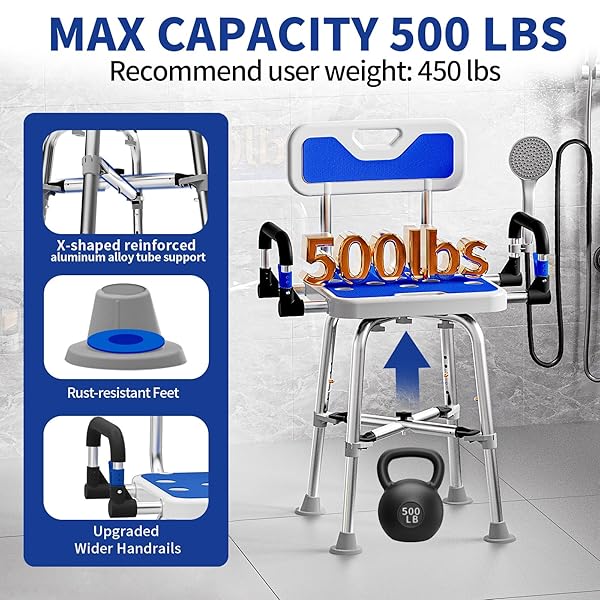 SHOWER CHAIR FOR SENIORS ELDERLY HANDICAP DISABLED OR BARIATRIC ADULTS, HEAVY DUTY 500 LBS,BENCH SEAT FOR INSIDE SHOWER STALL AND BATHROOM BATH TUB WITH ARMS AND BACK ADJUSTABLE STOOL CHAIRS