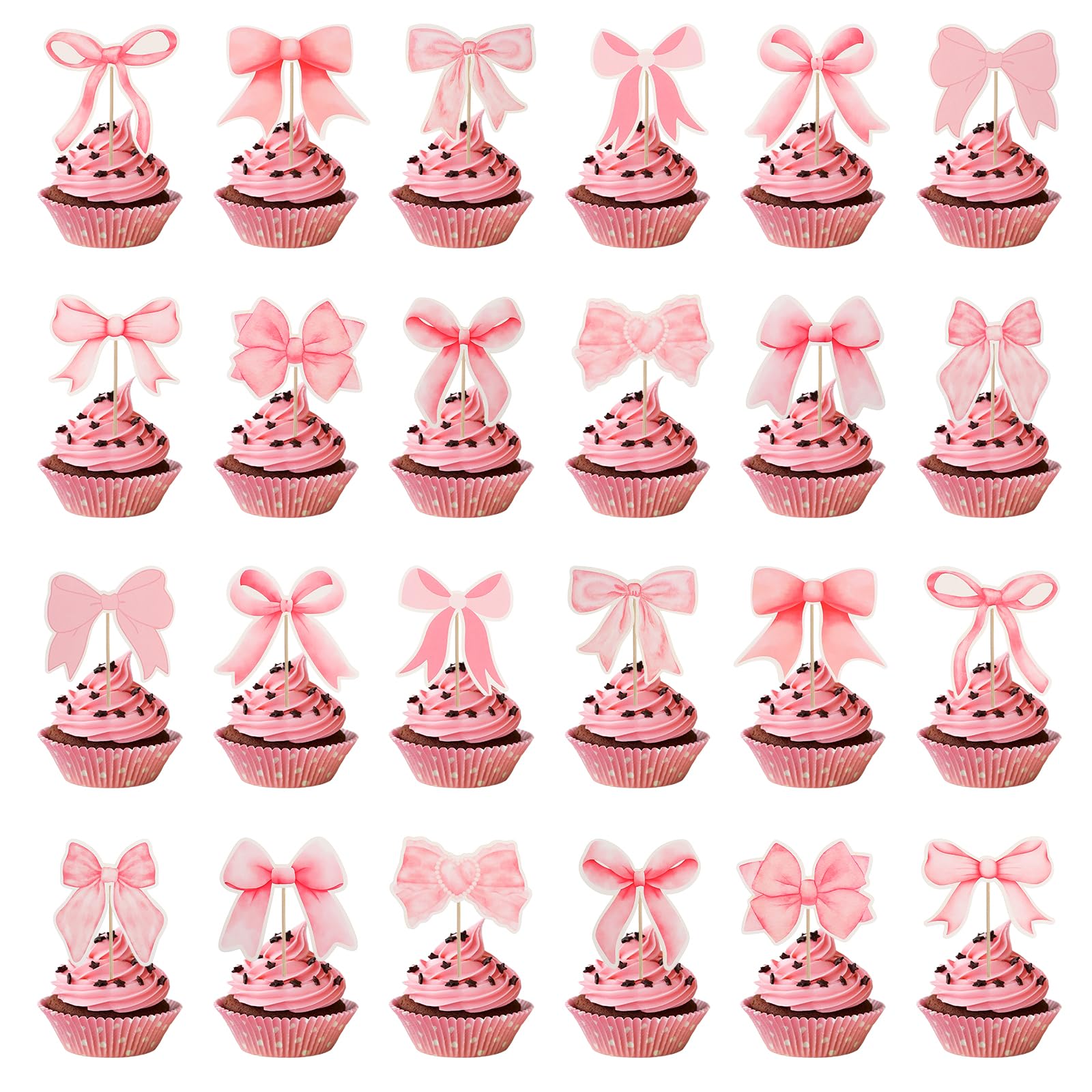 Photo 1 of Tyqour 24 Pcs Pink Bow Cake Toppers Pink Bow Birthday Decorations Coquette Bowknot Cupcake Toppers for Bachelorette Bridal Engagement Wedding Baby Shower Bow-Knot Theme Party Decor