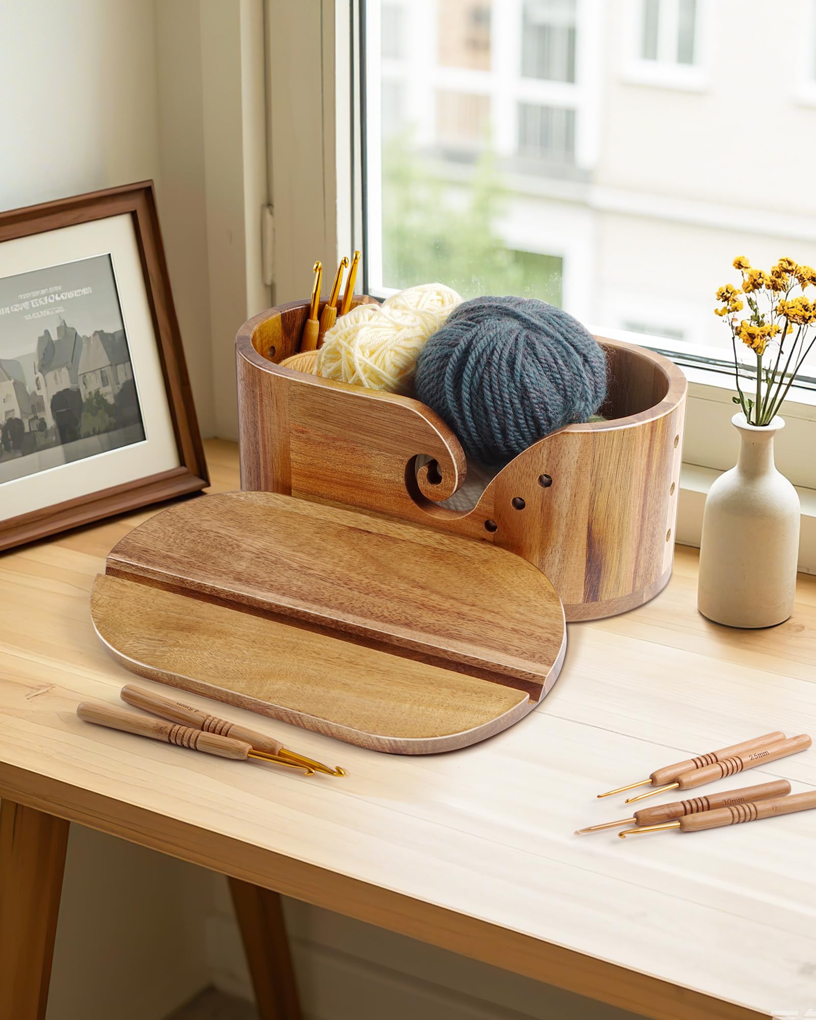 Oval Yarn Bowl, Crochet Yarn Holder with 9pcs Knitting Hooks, Yarn Storage Crochet Bowl Knitting Gift for Crocheters, Large Yarn Bowl Acacia Wooden 11.3x5.9x4.7inch (Acacia Yarn Bowl with Lid)