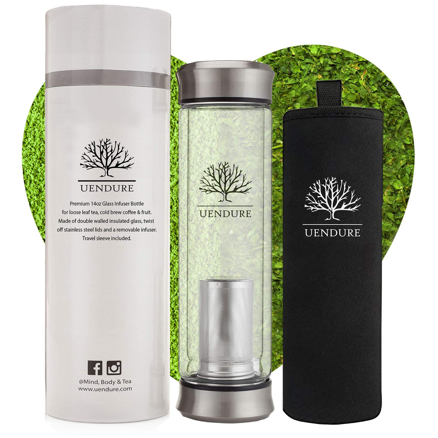 UEndure Glass Tea Infuser Bottle + Strainer 14oz Tea Tumbler Loose