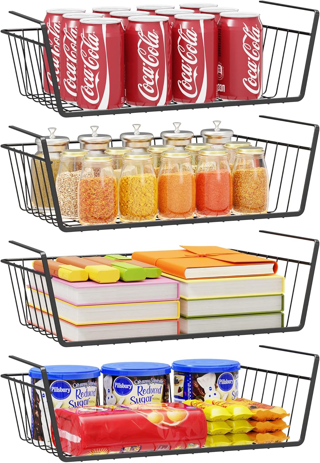 Under Shelf Storage Basket, Tidyway 4 Pack Hanging Basket Wire Rack, Home Storage Slide-in Organizing Basket, Under cabinet Extra Space Added Baskets for Kitchen Pantry Cabinet, Easy to Install, Black