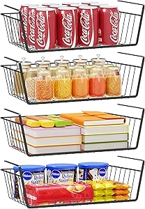 Under Shelf Storage Basket, Tidyway 4 Pack Hanging Basket Wire Rack, Home Storage Slide-in Organizing Basket, Under cabinet Extra Space Added Baskets for Kitchen Pantry Cabinet, Easy to Install, Black