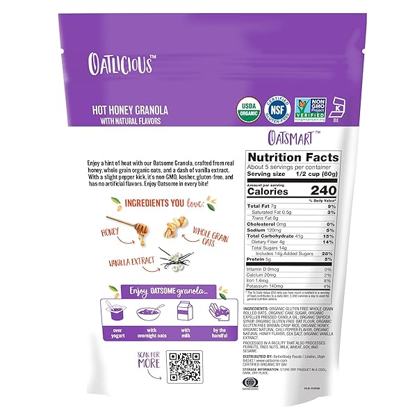 OATSOME HOT HONEY GRANOLA, 5G PROTEIN, GLUTEN FREE, MADE WITH REAL HONEY, WHOLE GRAIN ORGANIC OATS & CHILI PEPPER FLAVOR, FOR PROTEIN SNACKS CEREALS BREAKFAST YOGURT, 10 OZ BAG