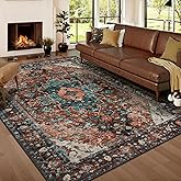 Ciicool Area Rug 5x7ft Washable Rugs for Living Room Non-Slip Indoor Rugs Large Low-Pile Mat Floor Carpet Vintage Rug for Bedroom Dinning Foyer Decor (Brick Red/Dull Teal)