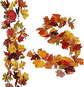 2 Pack Fall Maple Garland - 5.9ft Artificial Autumn Vines Mantle Wreath Hanging for Thanksgiving Wedding Christmas Fireplace Home Party Decor (7 Colors Maple)