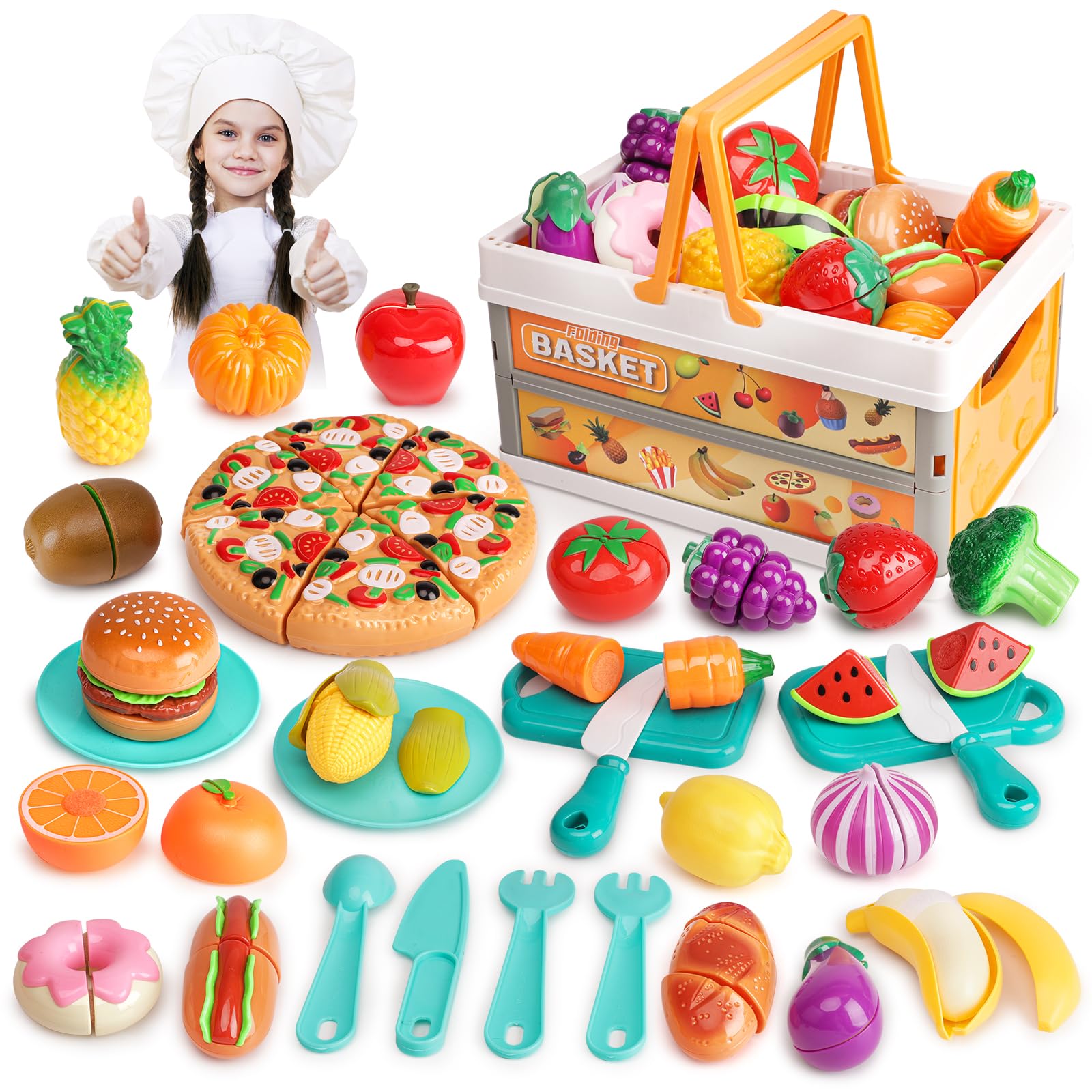 kramow Food for Play Kitchen, Play Food Sets for Children, Cutting Fruit and Vegetables, Toy Foods with Collapsible Hand Basket, Pretend Play Kitchen Toys Gift for Girls Boys Kids 3+ Years Old