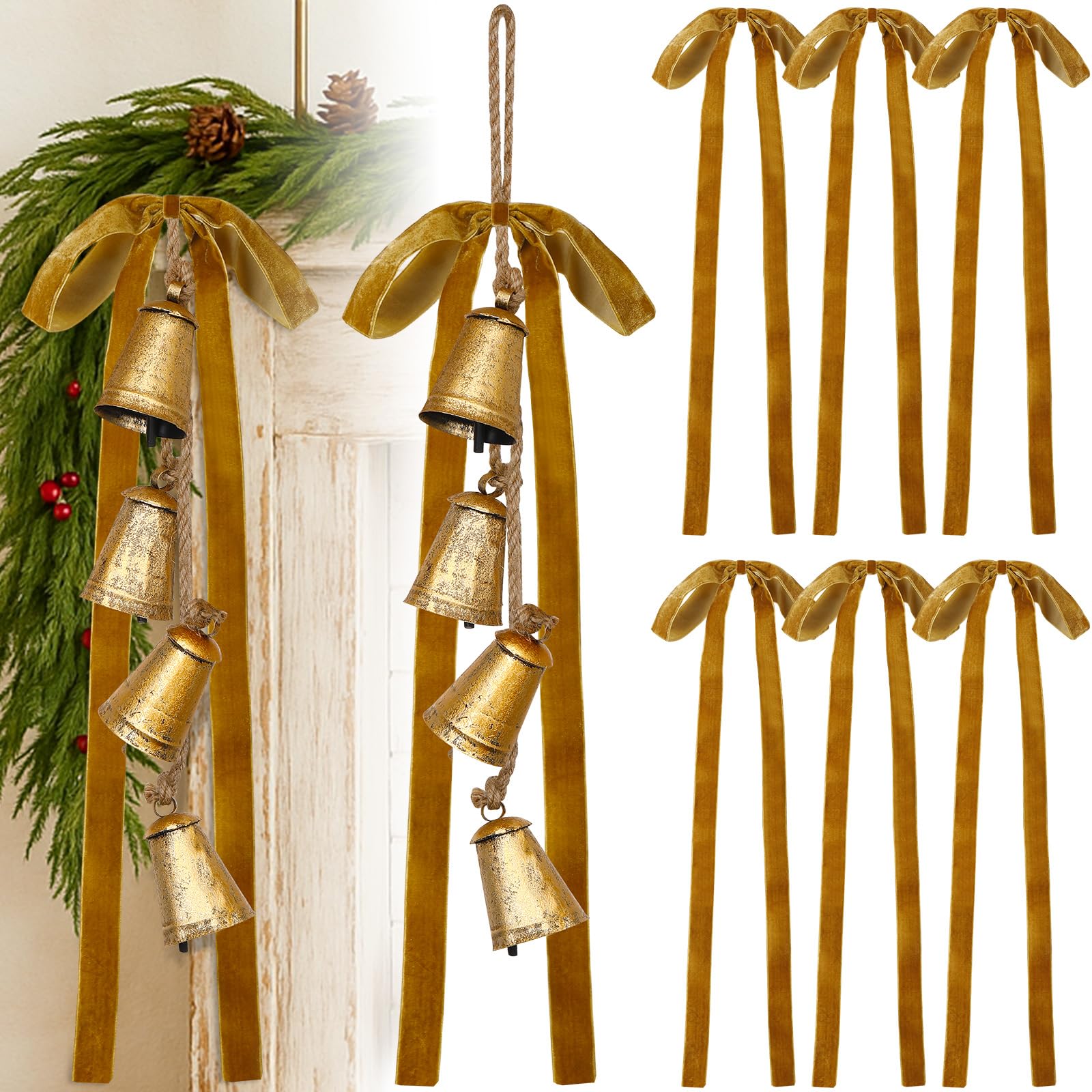 Photo 1 of ***JUST THE RIBBION***Suncalla 2 Pcs Christmas Cow Bells with 8 Pcs Khaki Velvet Christmas Bows Vintage Gold Bell Decorations with Hanging Rope Velvet Ribbon for Xmas Tree Wall Home Wreath Garland Staircase Indoor Outdoor