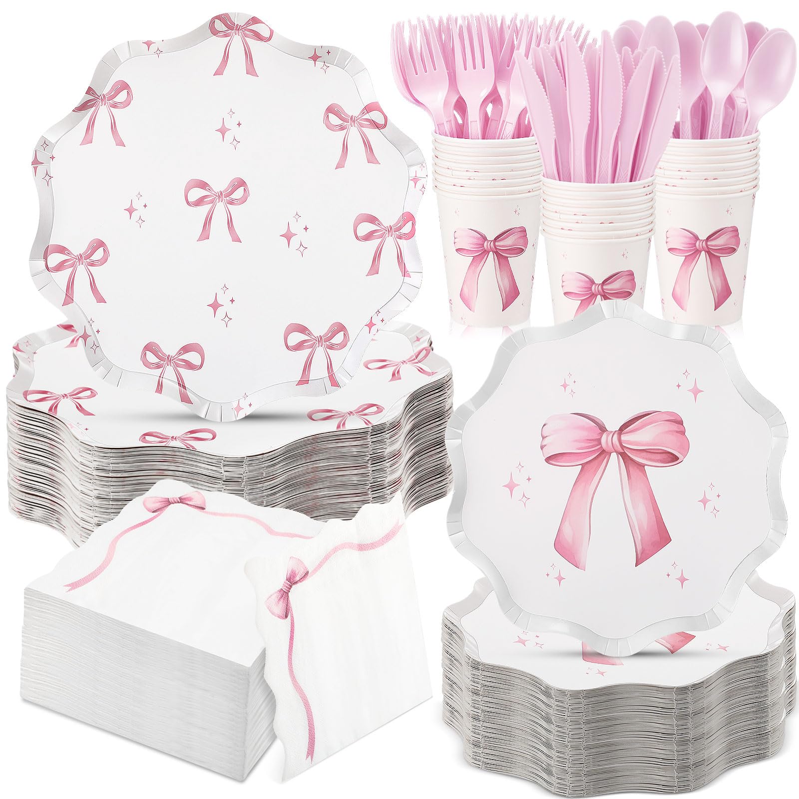 Photo 1 of Ziliny 350 Pcs Bow Pink Party Supplies Tableware Set Disposable 9'' 7'' Paper Plates 9 oz Cups Cutlery Napkins Dinnerware Set for 1st Birthday, Serve 50 (Bow, Pink)